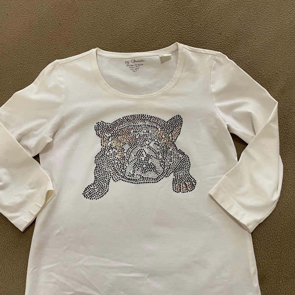 Chico's Cream 3/4 Sleeve Top With Bedazzled Bulldog, Size Small